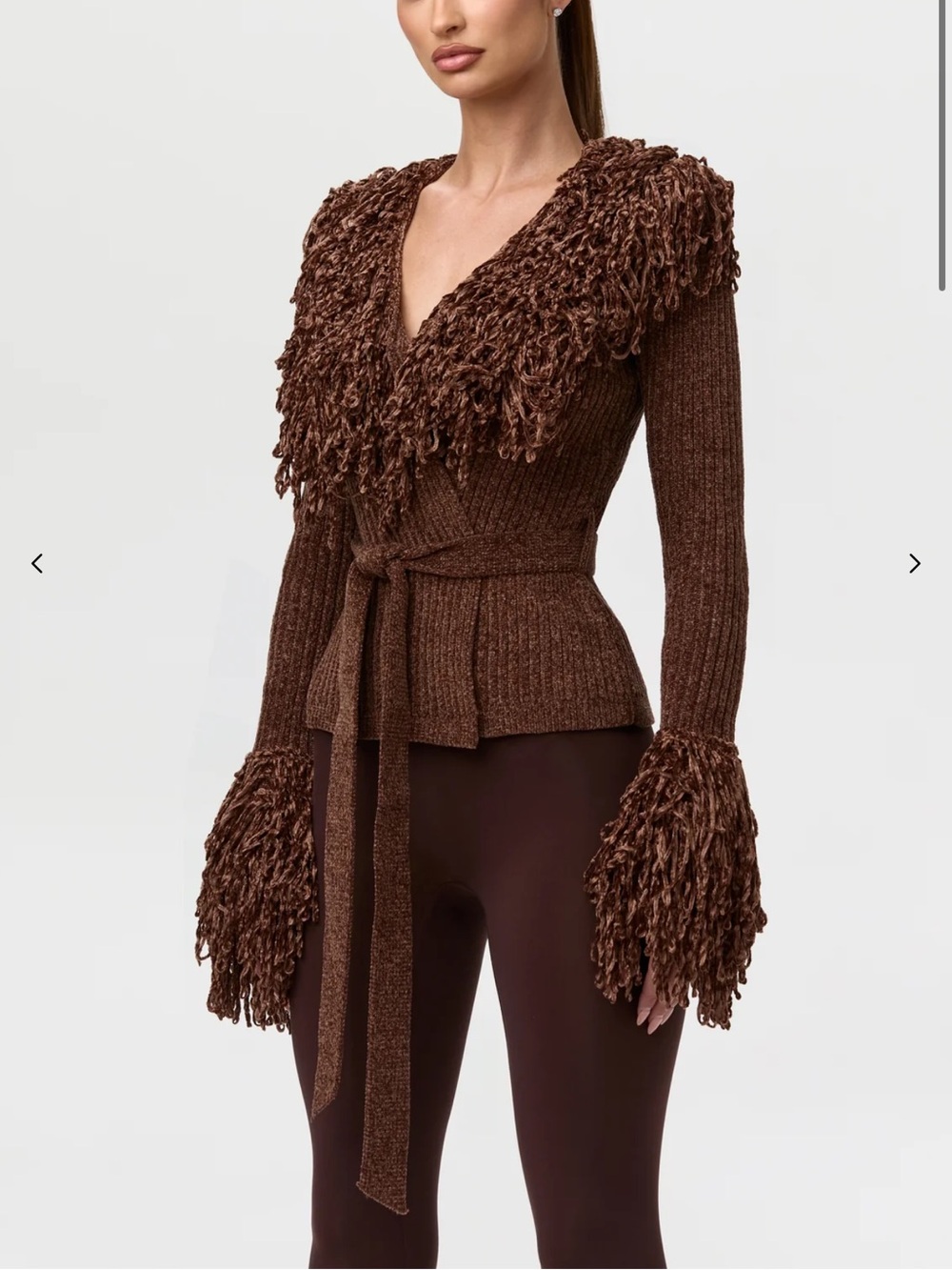naked wardrobe Chocolate Brown Fringed Wrap Cardigan